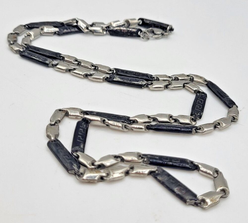 Vintage 925 Sterling Silver Greek Key Link Chain Necklace Lobster Clasp 33g 24in